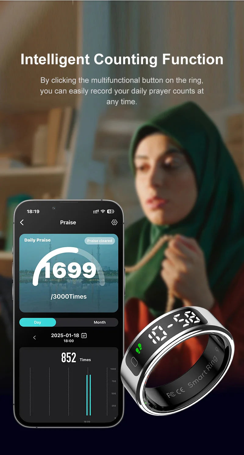 Smart Ring with Touch Control Tasbeeh Counter & Waterproof Health Tracker SpO2 Sleep Tracker