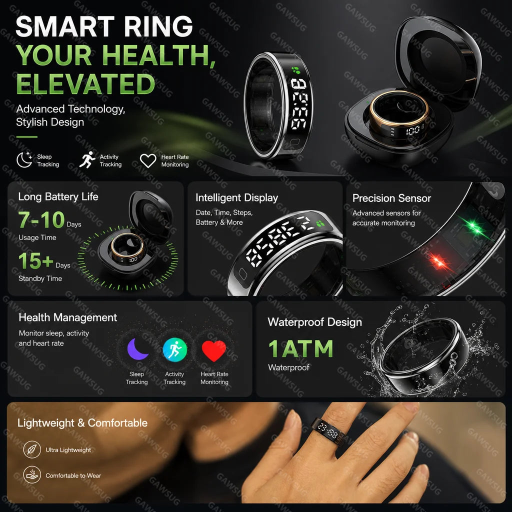 Smart Ring with Touch Control Tasbeeh Counter & Waterproof Health Tracker SpO2 Sleep Tracker
