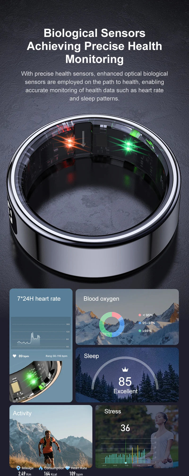 Smart Ring with Touch Control Tasbeeh Counter & Waterproof Health Tracker SpO2 Sleep Tracker