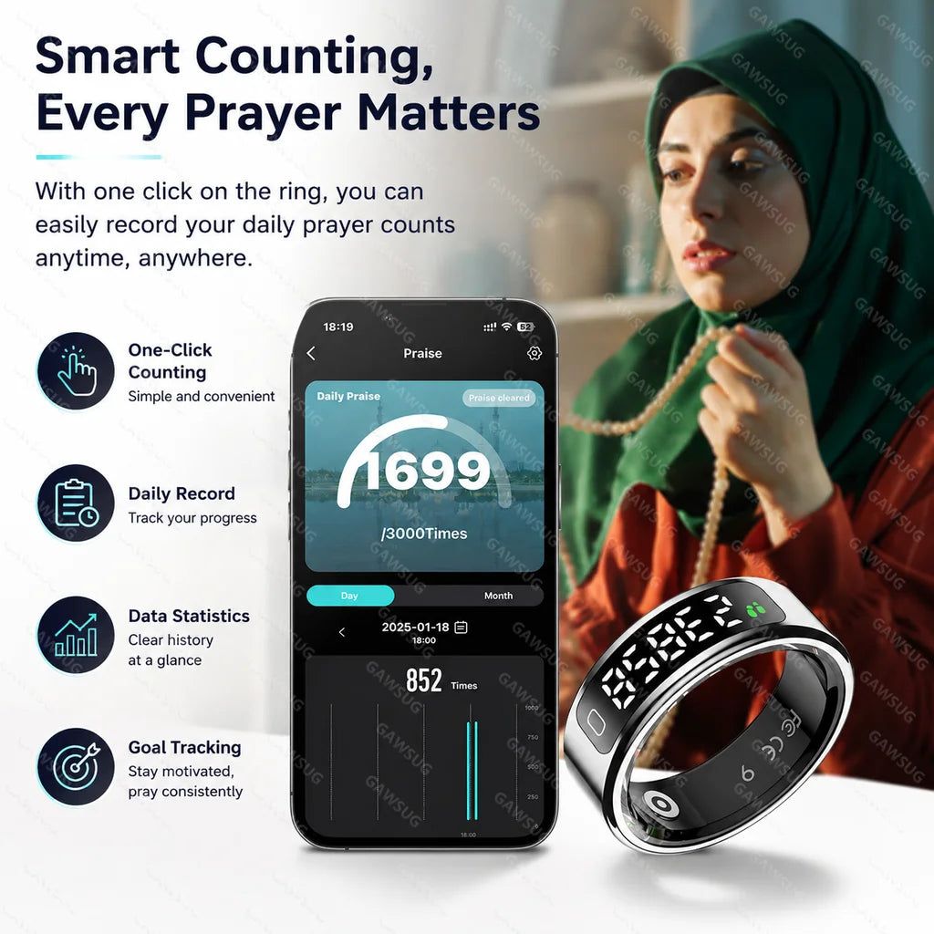 Smart Ring with Touch Control Tasbeeh Counter & Waterproof Health Tracker SpO2 Sleep Tracker