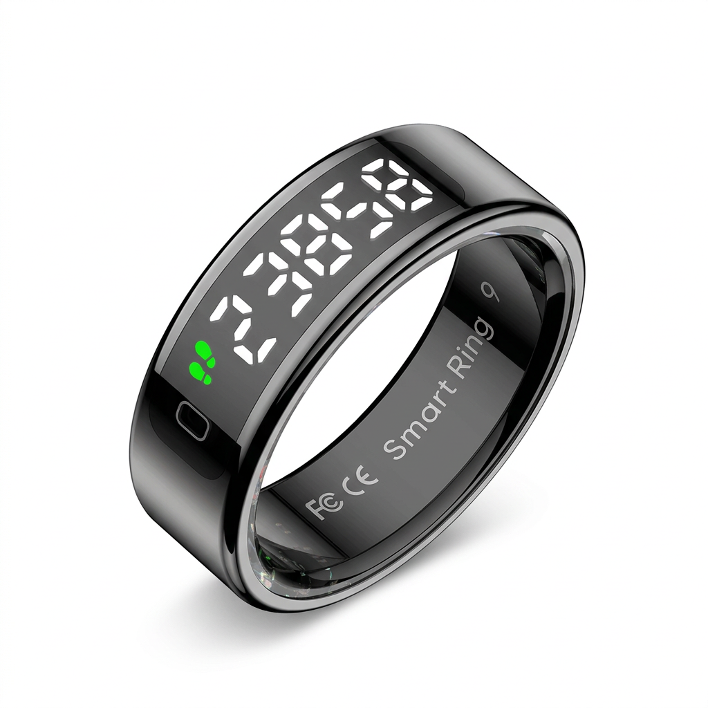 Dark polished smart ring with digital display on a white background
